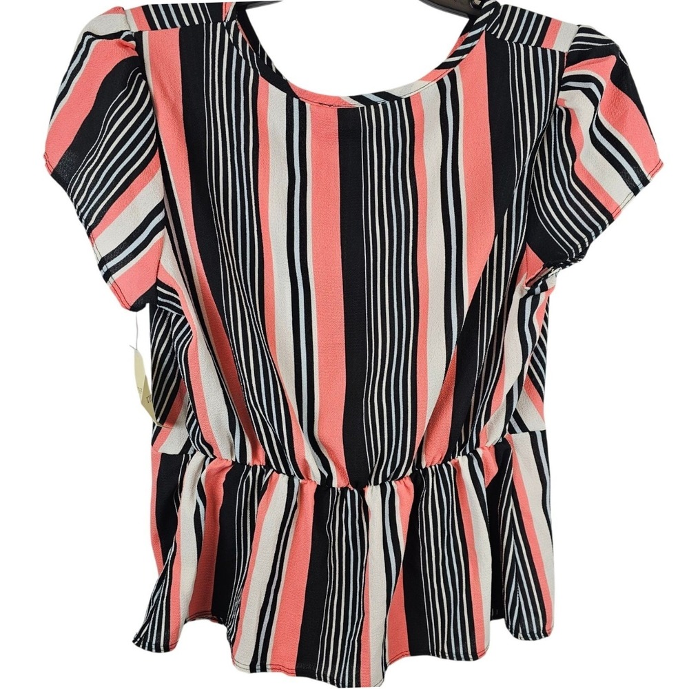Tiffany &‎ Grey Peplum Top Women Petite XL Pink Black Striped Tie Back Chic Work